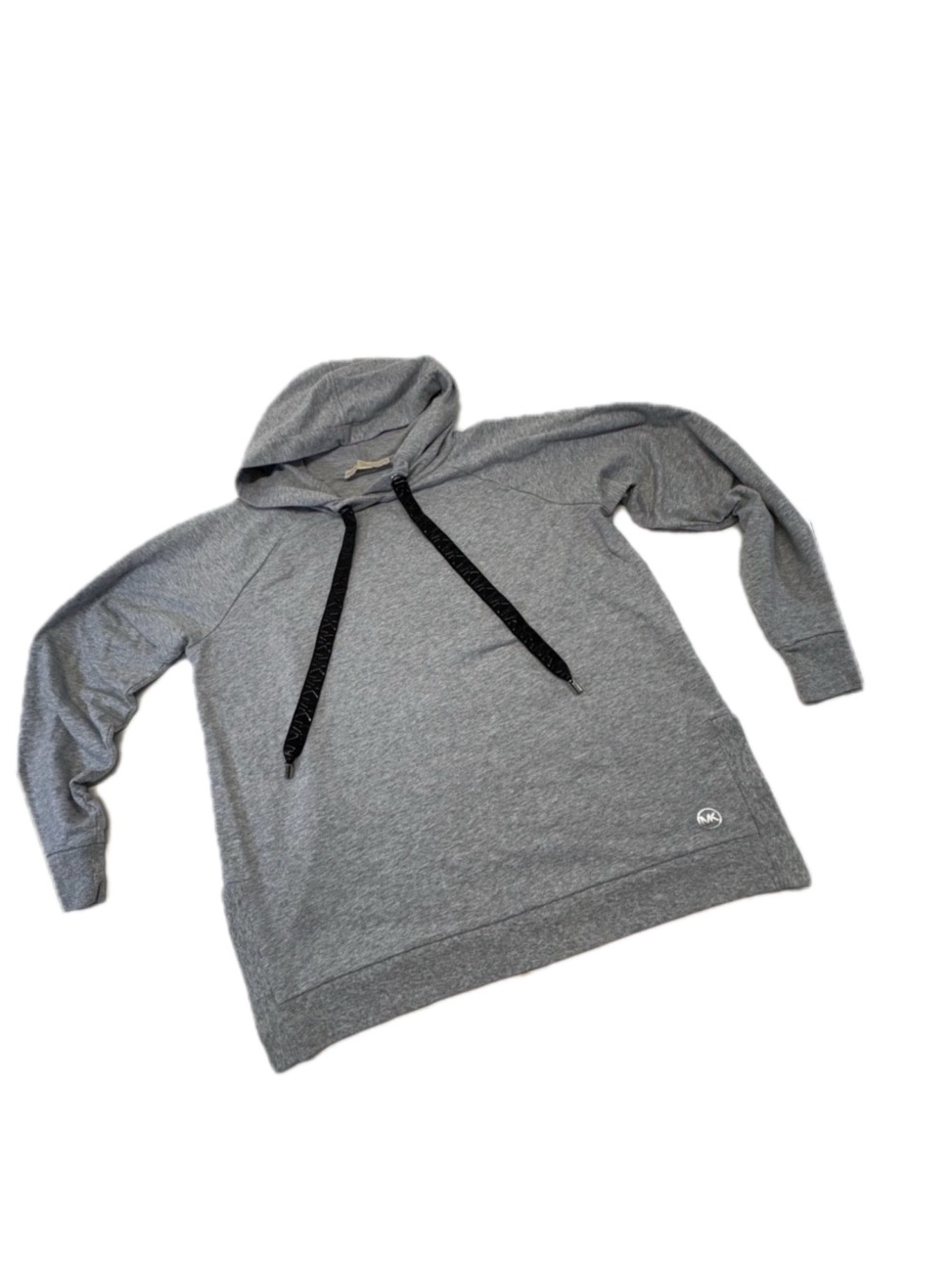 Michael Kors Womens Grey Pullover Hoodie Black MK Logo Ribbon Drawstring M/L